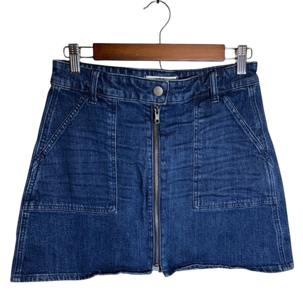 Madewell Denim Front Zip Mini Skirt Dark Wash Square Patch Pockets Size 27